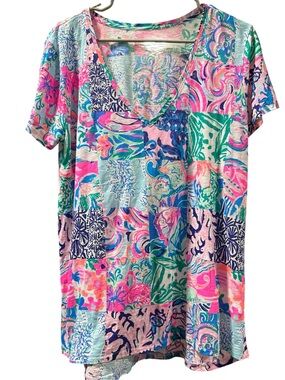 Lilly Pulitzer Etta Scoop v- Neck Top Multi Patch size XXL